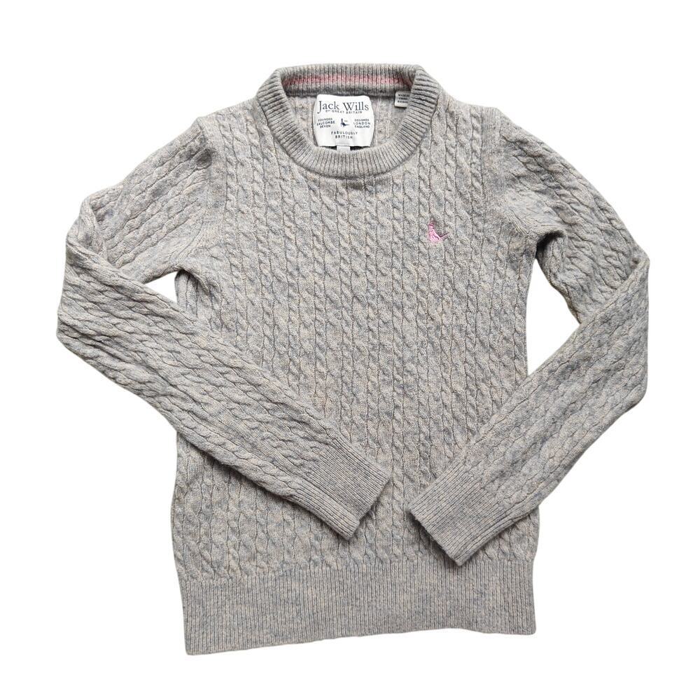 Jack Wills Cable Knit Wool Crewneck Sweater Gray w/ Pink Logo